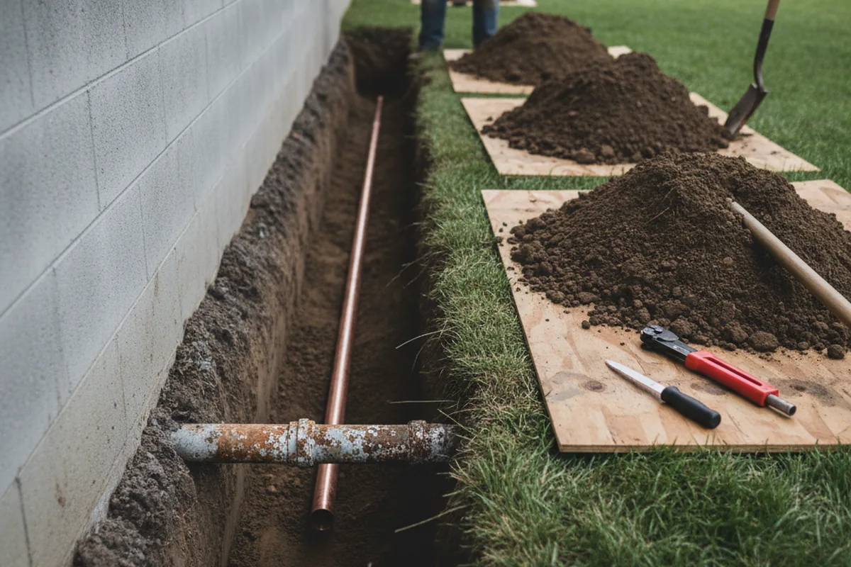 Excavated water line trench during Water Softener Installation in Bolivia